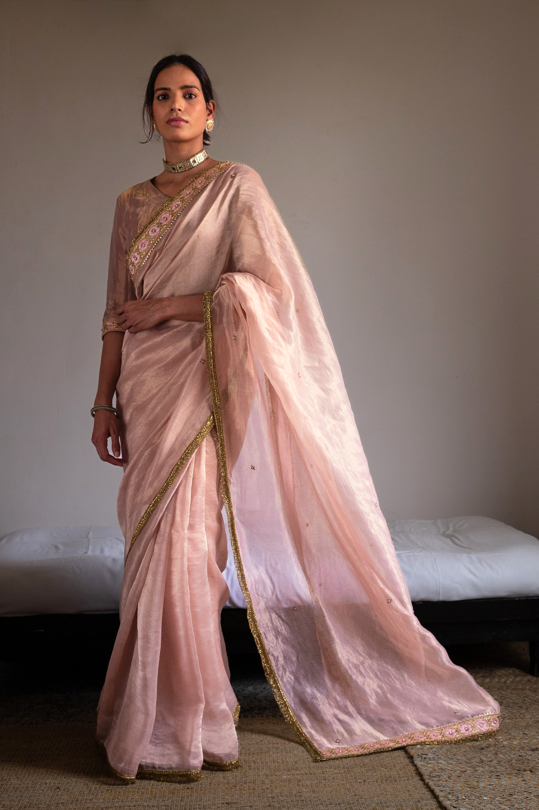 Saree hand embroidered in Ash Pink in Handwoven Chanderi silk  and Tissue pic stripes