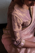 Saree hand embroidered in Ash Pink in Handwoven Chanderi silk  and Tissue pic stripes