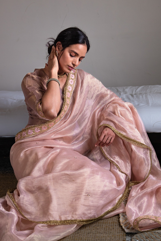 Saree hand embroidered in Ash Pink in Handwoven Chanderi silk and Tissue pic stripes