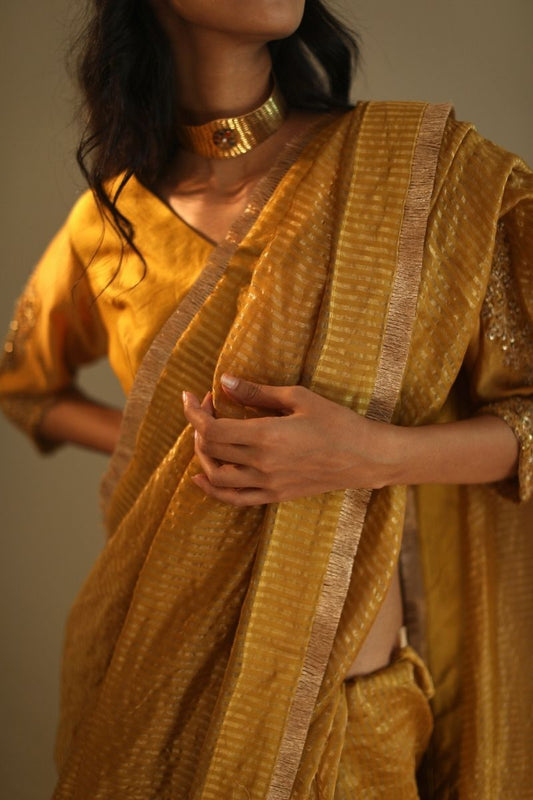 Sari In Ochre Handloom Chanderi With Zari Stripe