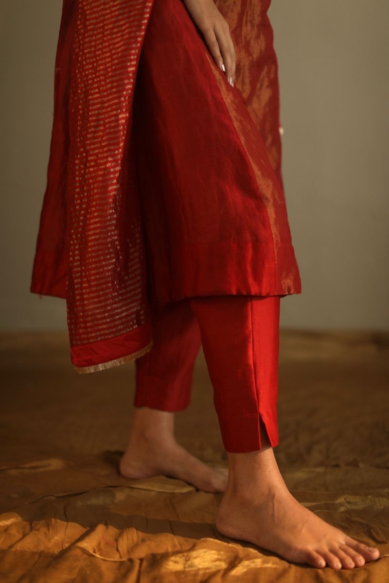 Saifi Kurta In Deep Rust Red Handloom Chanderi With Pant