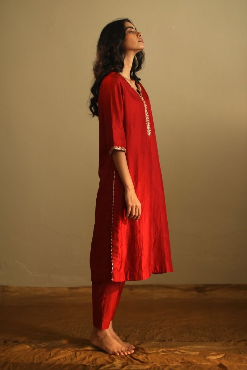 Saifi Kurta In Deep Rust Red Handloom Chanderi With Pant