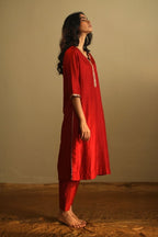 Saifi Kurta In Deep Rust Red Handloom Chanderi With Pant