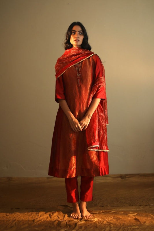 Maxi Kurta In Deep Rust Red Handloom Tissue With Pant