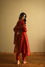 Maxi Kurta In Deep Rust Red Handloom Tissue With Pant