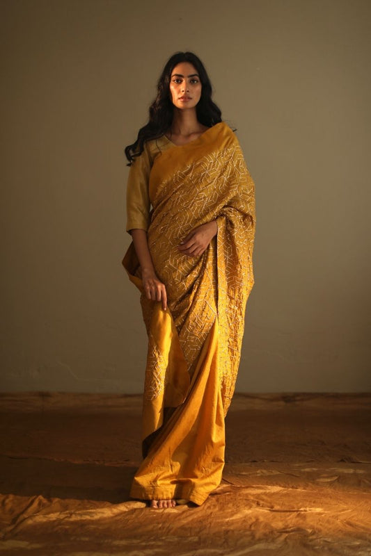 Sari In Ochre Gota Chanderi