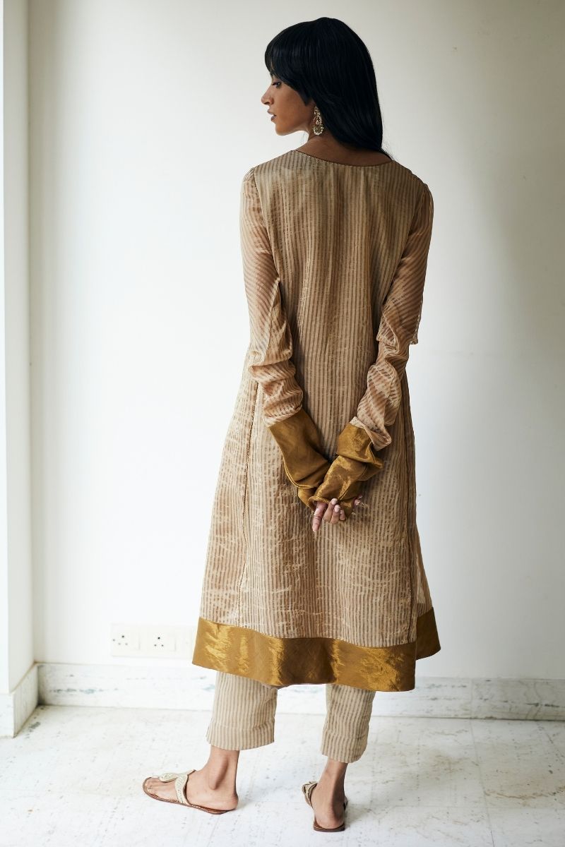 Anu Kurta In Warm Chai Beige Stripe Handloom Tissue With Pants