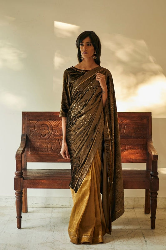 Gayatri Sari In Half Moss Velvet And Half Antique Gold Handloom Tissue