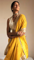 Saree hand embroidered in Yellow Handloom tissue