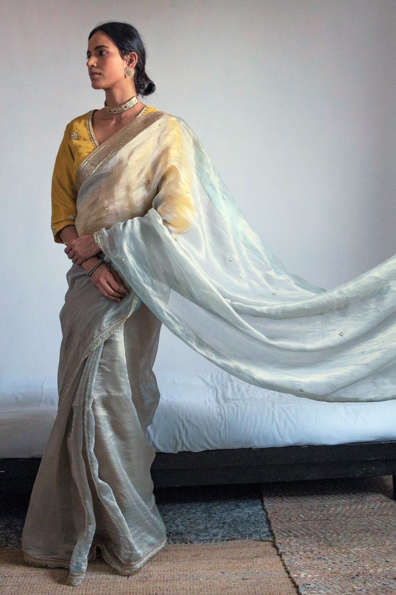 Saree hand embroidered in Pale Blue Handwoven Chanderi silk &  Tissue pin stripes