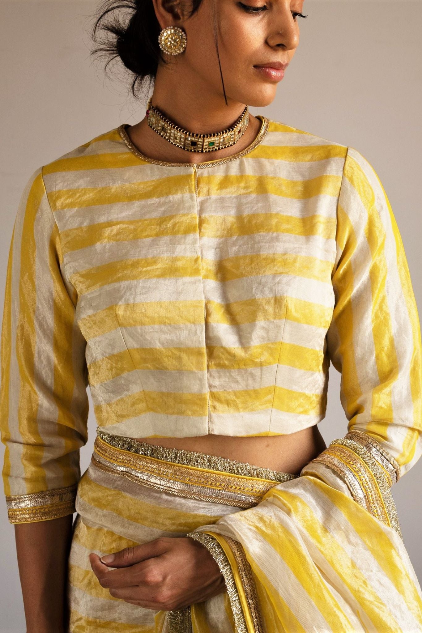 Zero neck Blouse in Yellow/white Handloom Tissue stripes
