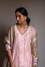 Mini V kurta in Ash pink Handloom Tissue with garara