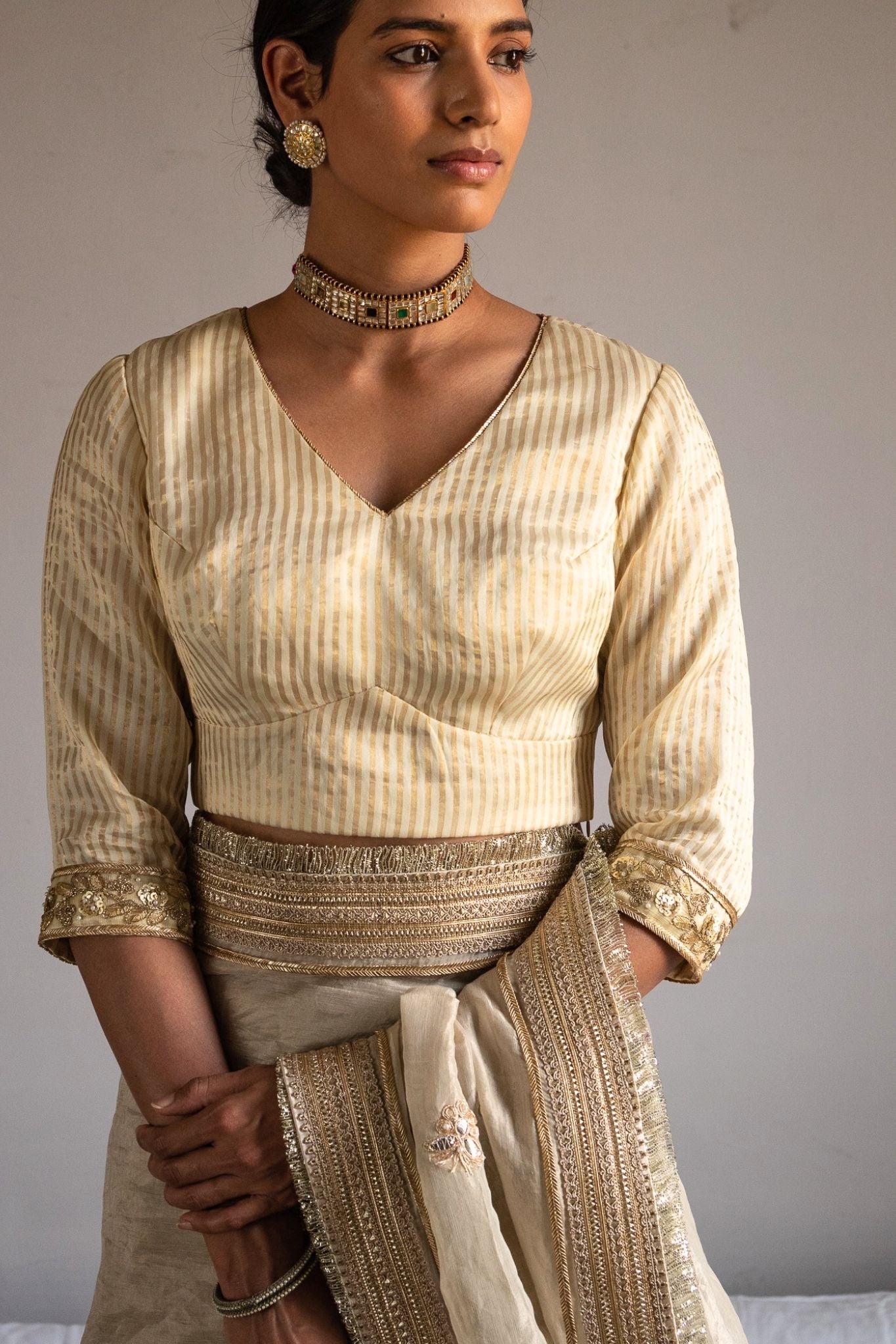 Nina Blouse in Ivory Chanderi Silk & Tissue stripes