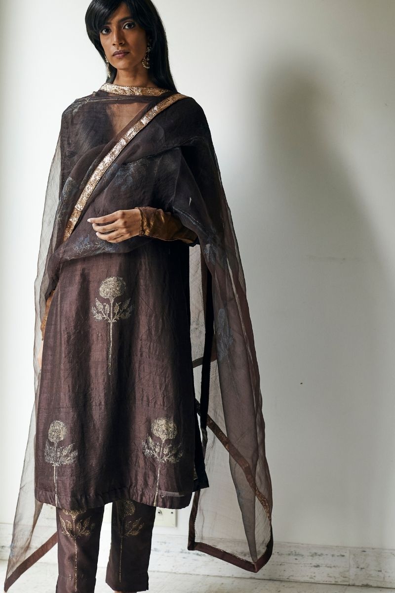 Full Size Dupatta In Bark Brown Printed Organza