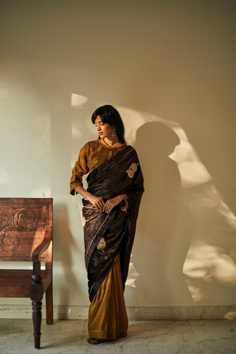 Gayatri Sari In Half Bark Brown Velvet And Half Antique Gold Handloom Tissue