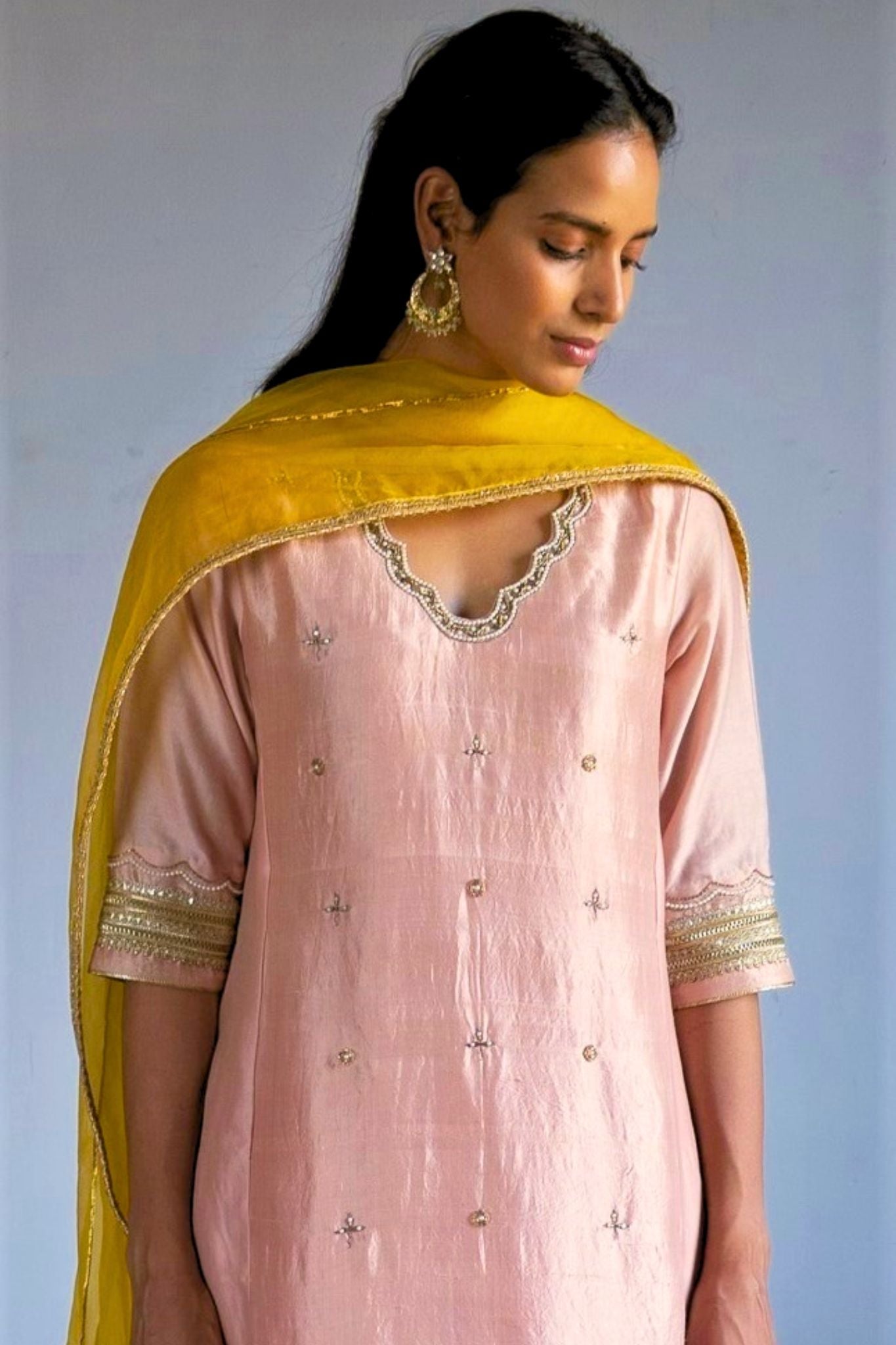 Tannu Kurta in Ash Pink Handloom Mulberry Silk & Chanderi with  pants