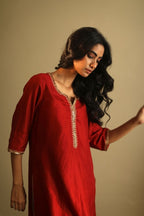Saifi Kurta In Deep Rust Red Handloom Chanderi With Pant