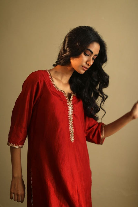 Saifi Kurta In Deep Rust Red Handloom Chanderi With Pant