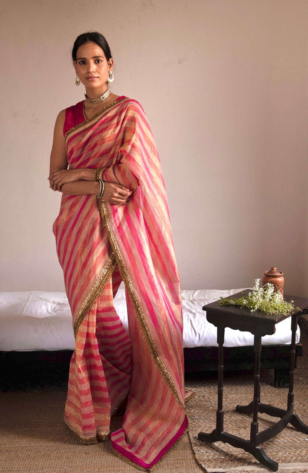 Saree in Pink/gold Handloom Tissue stripes