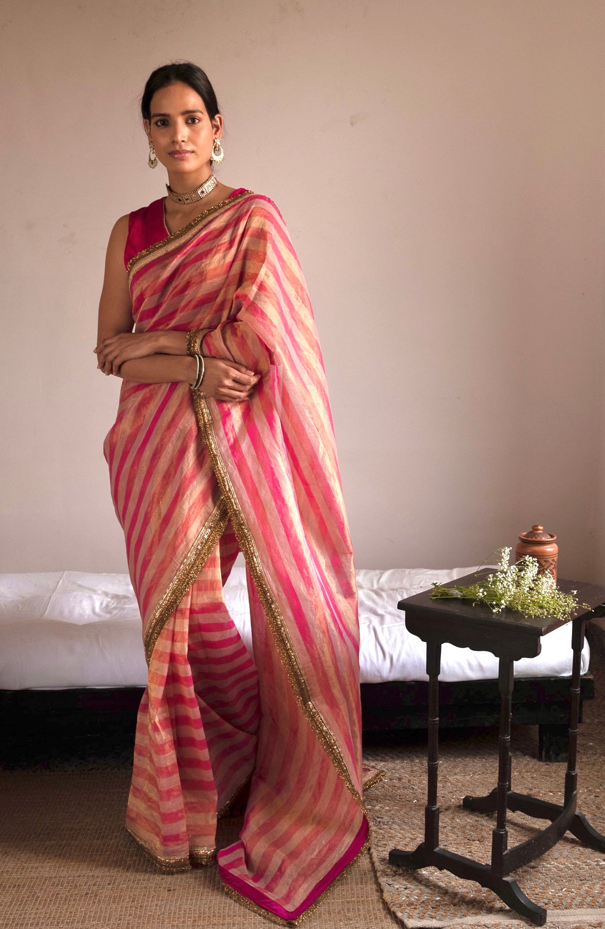 Saree in Pink/gold Handloom Tissue stripes