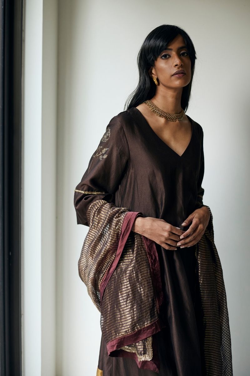 HL Kurta In Bark Brown Chanderi With Pants