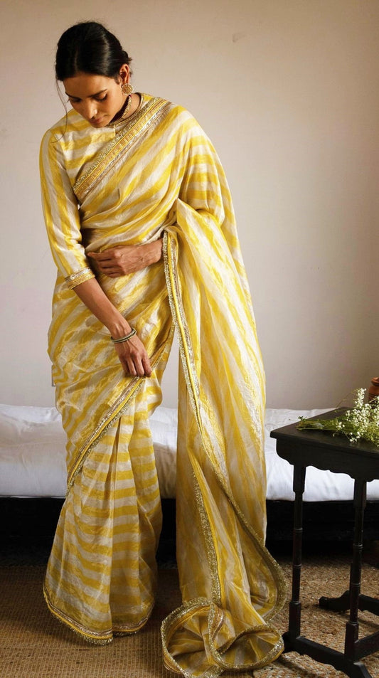 Saree in Yellow/white Handloom Tissue stripes