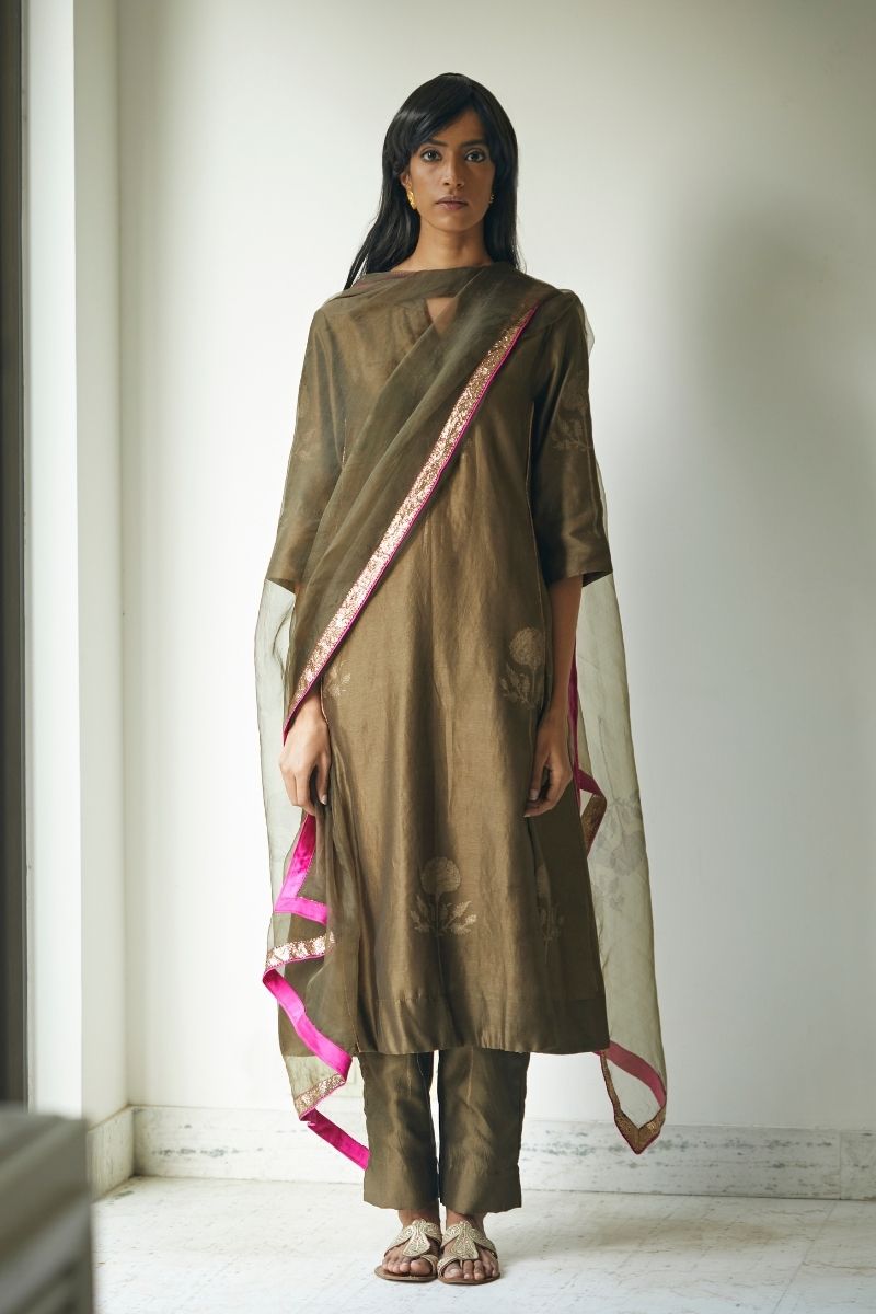 Maxi Kurta In Moss Printed Chanderi With Pants