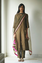 Maxi Kurta In Moss Printed Chanderi With Pants