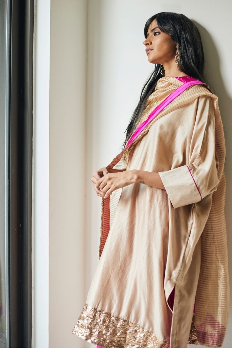 Kaftan In Warm Chai Beige Chanderi With Pants