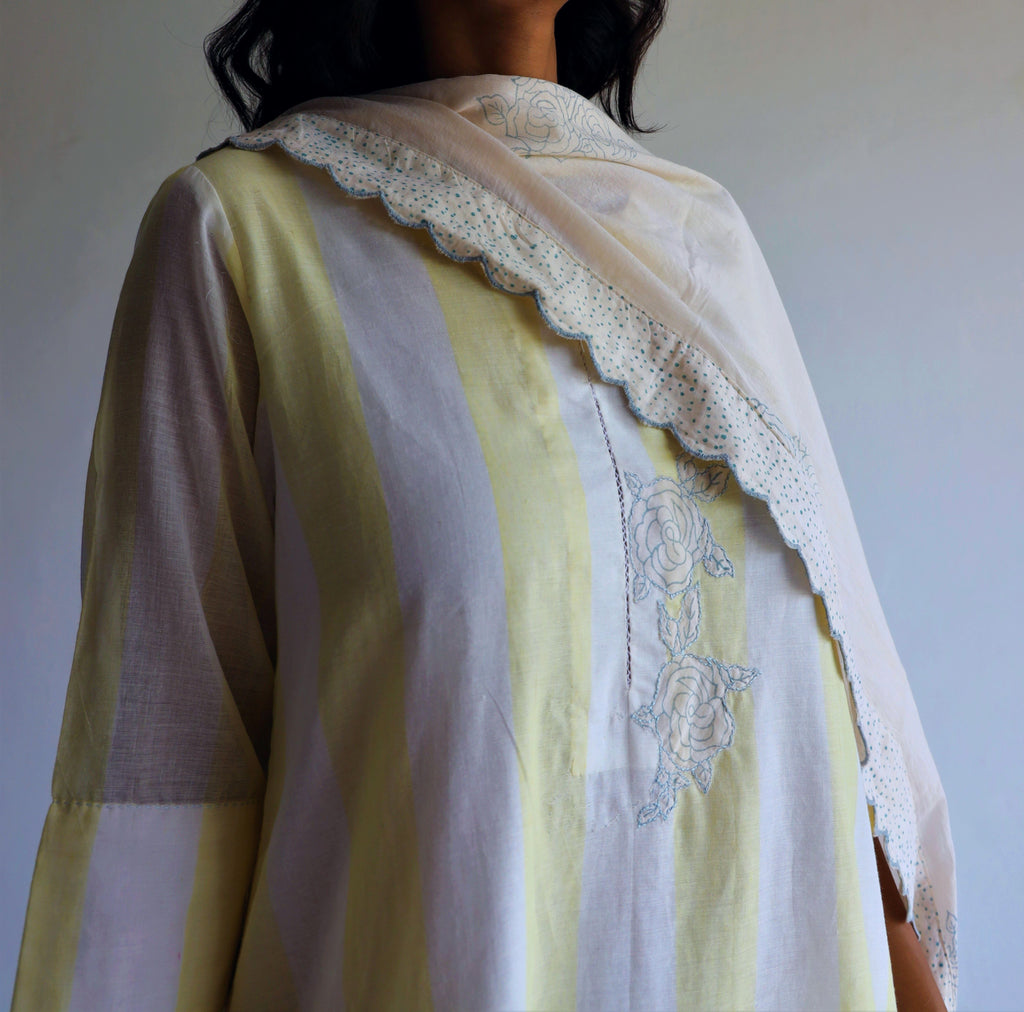 Saifi Kurta in Kesar Yellow Jamdani stripes with Pants