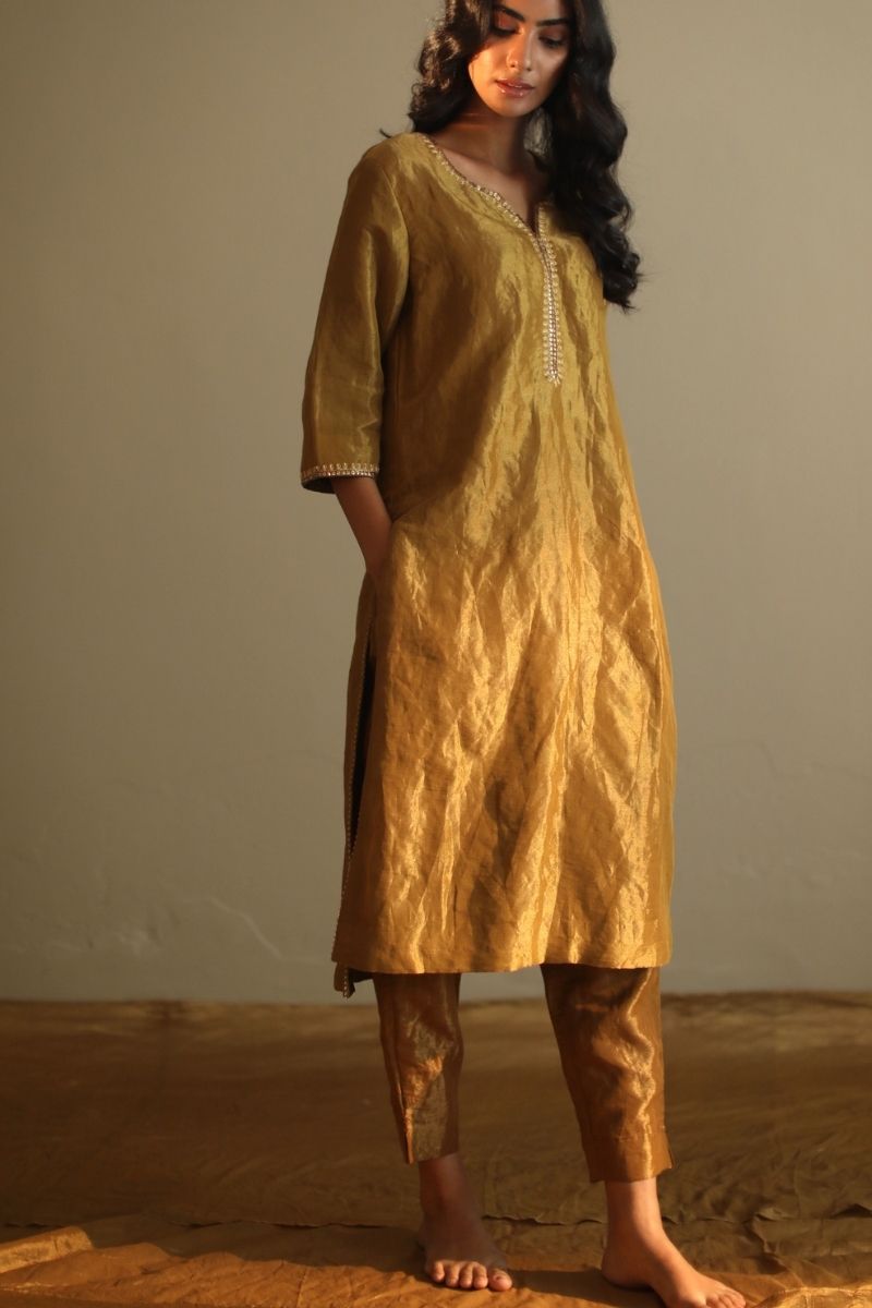 Saifi Kurta In Antique Gold Handloom Tissue With Pant