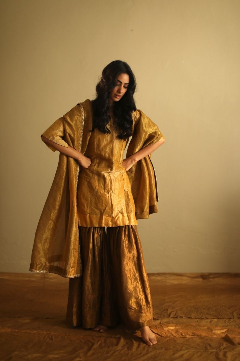 Mini Kurta Ochre Handloom Tissue With Sharara