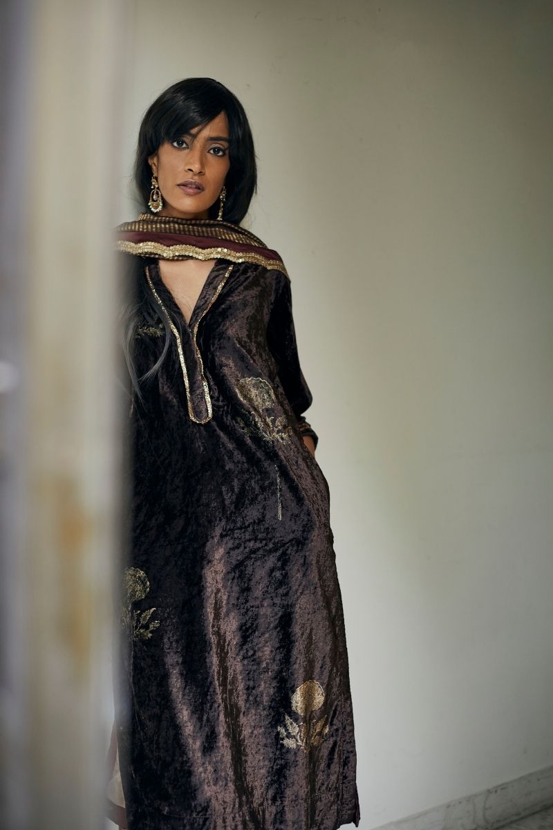 Paras Kurta In Printed Bark Brown Velvet With Shalwar