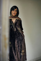 Paras Kurta In Printed Bark Brown Velvet With Shalwar