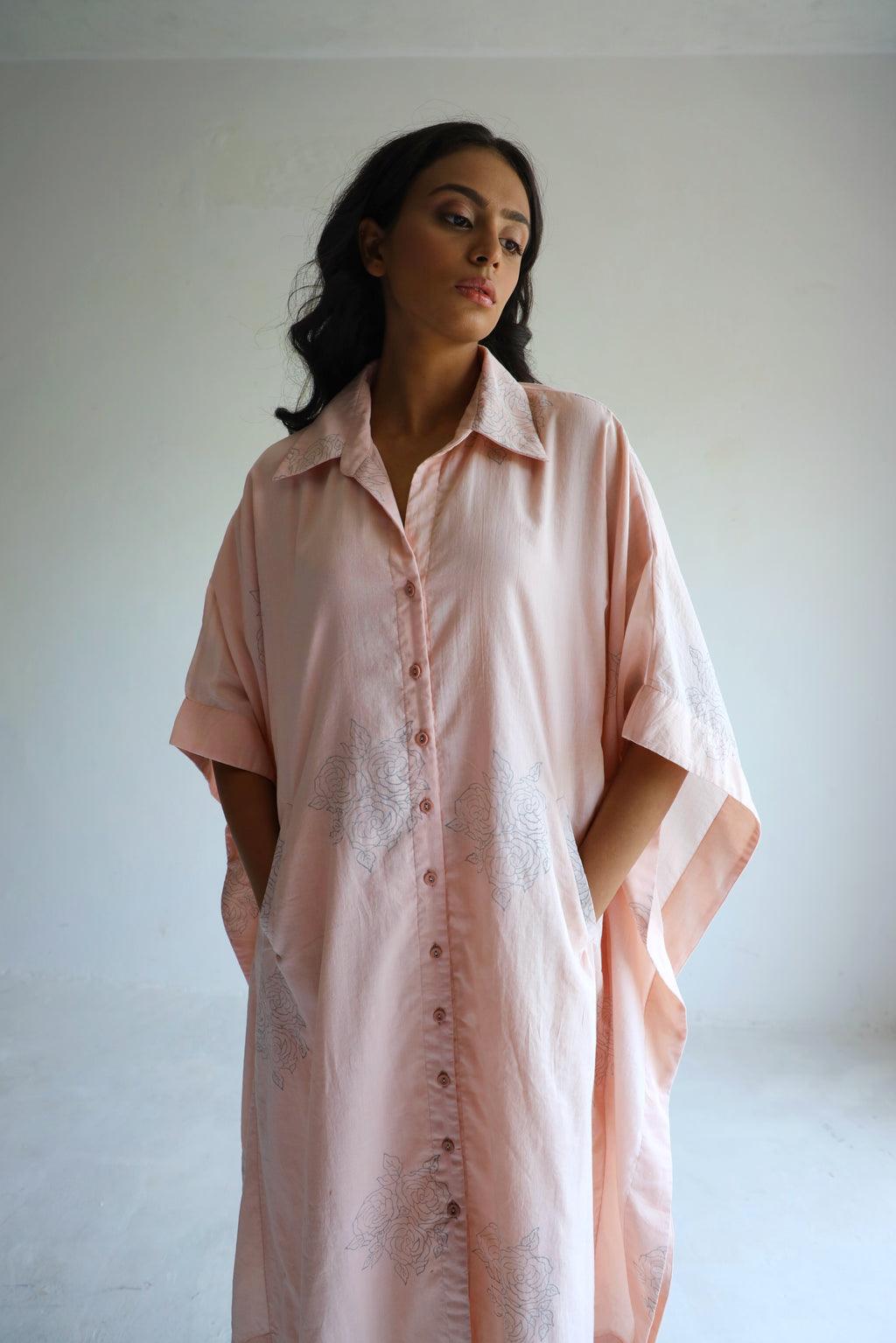 Kaftan Shirt in Gulab Pink Block Print Muslin