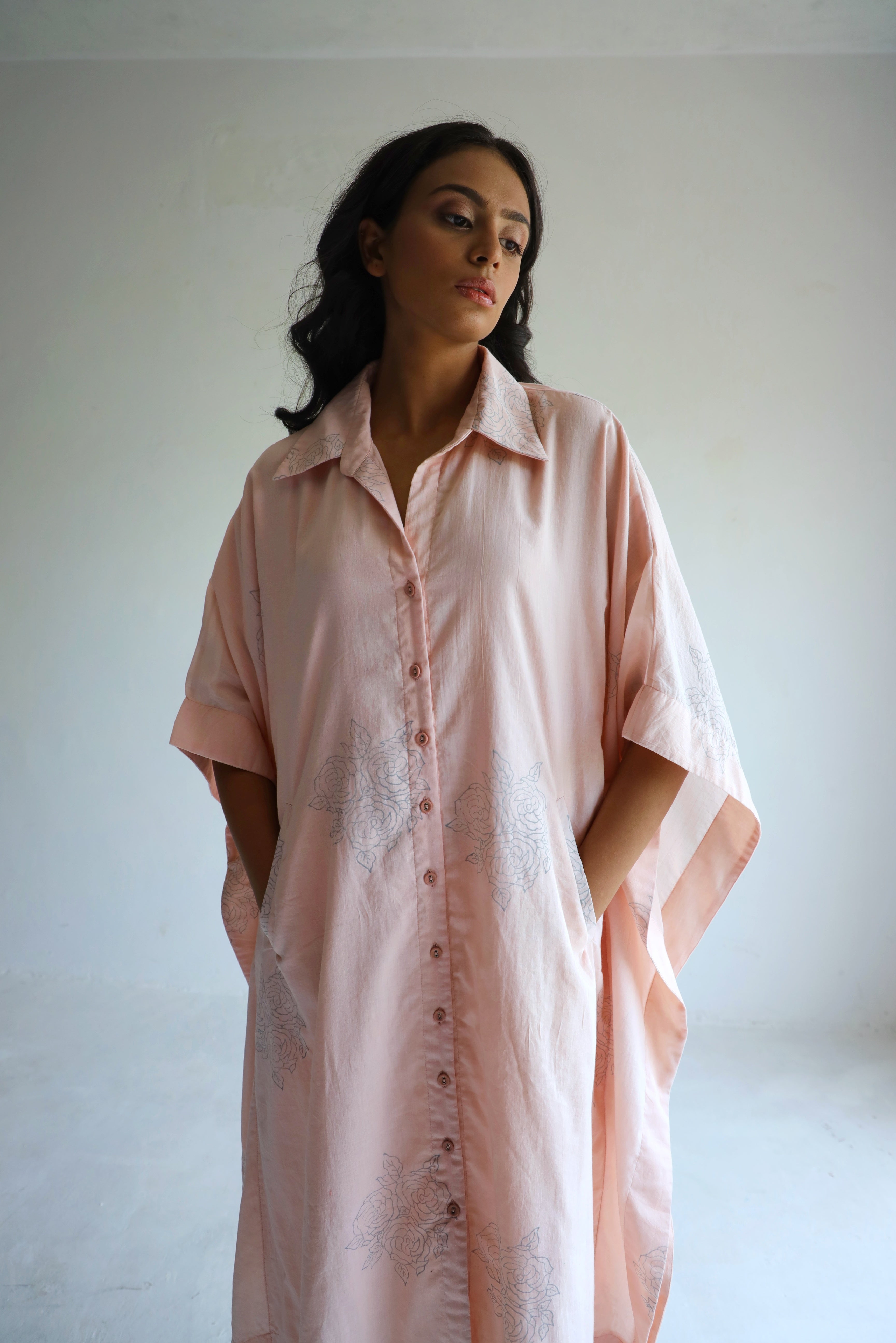 Kaftan Shirt in Gulab Pink Block Print Muslin