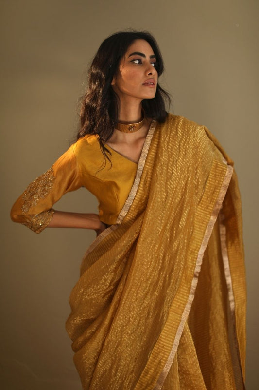 Sari In Ochre Handloom Chanderi With Zari Stripe