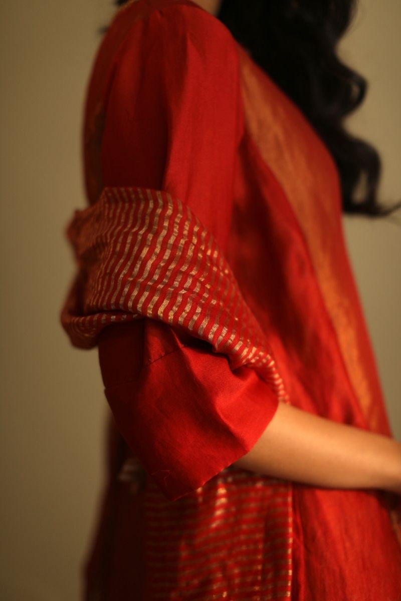 Maxi Kurta In Deep Rust Red Handloom Tissue With Pant