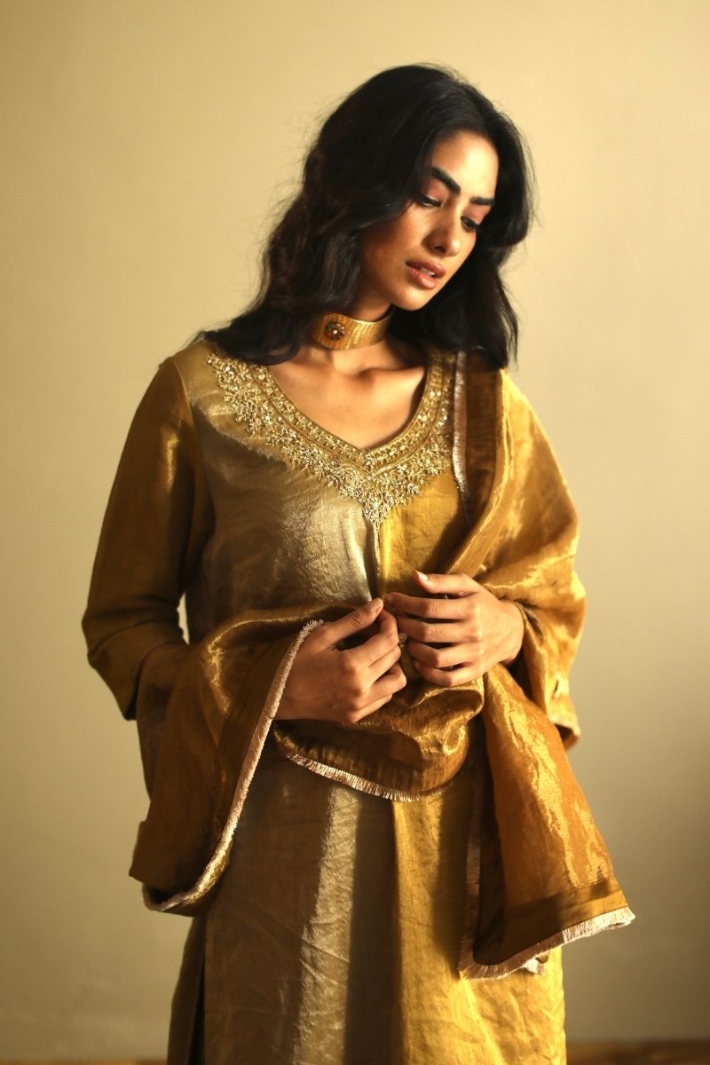 Noor Kurta In Antique Gold Handloom Tissue With Sharara