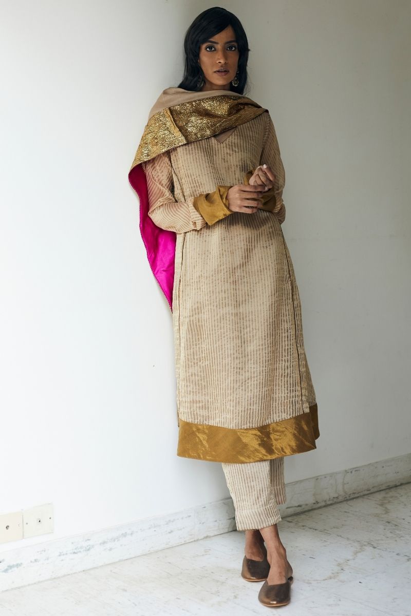Anu Kurta In Warm Chai Beige Stripe Handloom Tissue With Pants