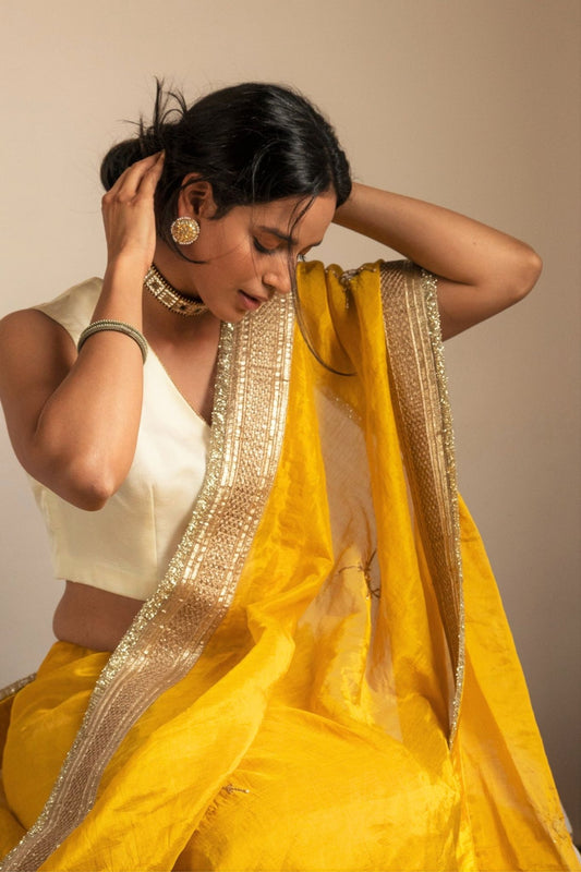 Saree hand embroidered in Yellow Handloom tissue