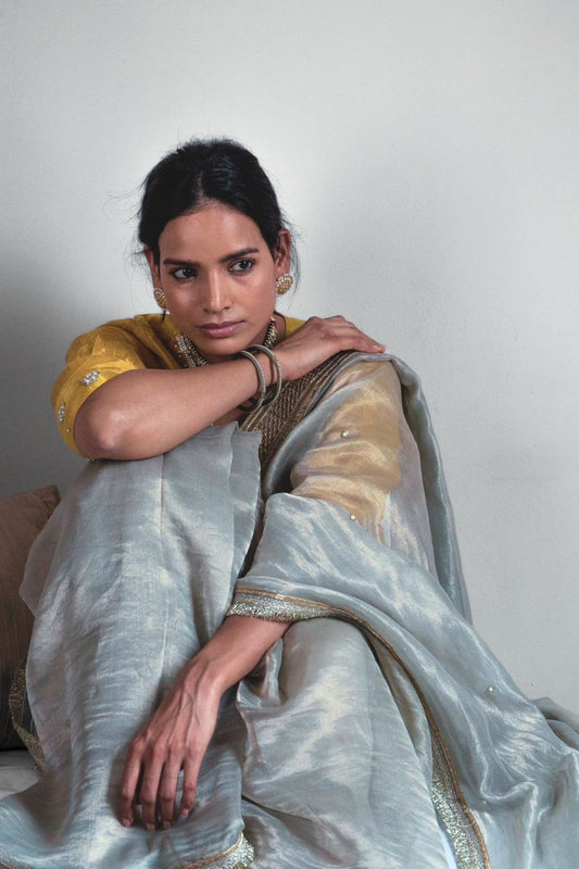 Saree hand embroidered in Pale Blue Handwoven Chanderi silk & Tissue pin stripes