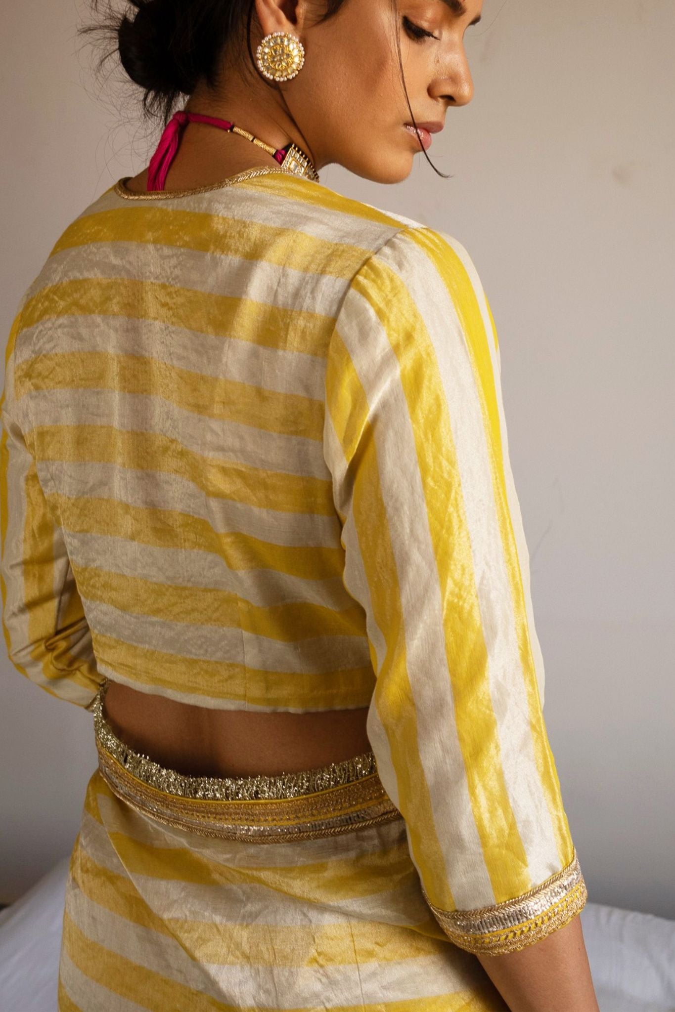 Zero neck Blouse in Yellow/white Handloom Tissue stripes