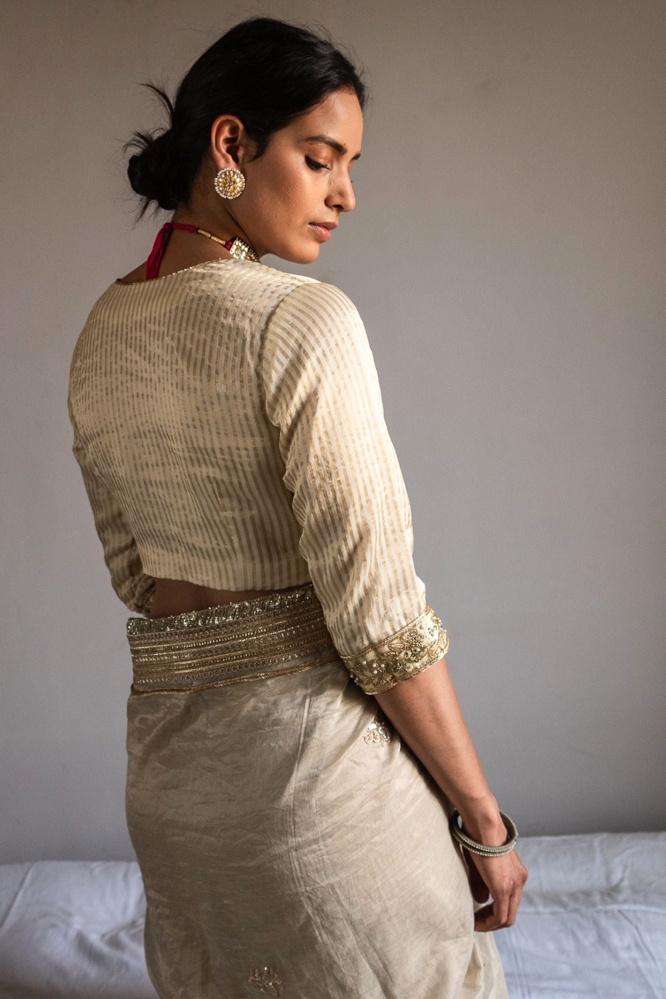 Nina Blouse in Ivory Chanderi Silk & Tissue stripes