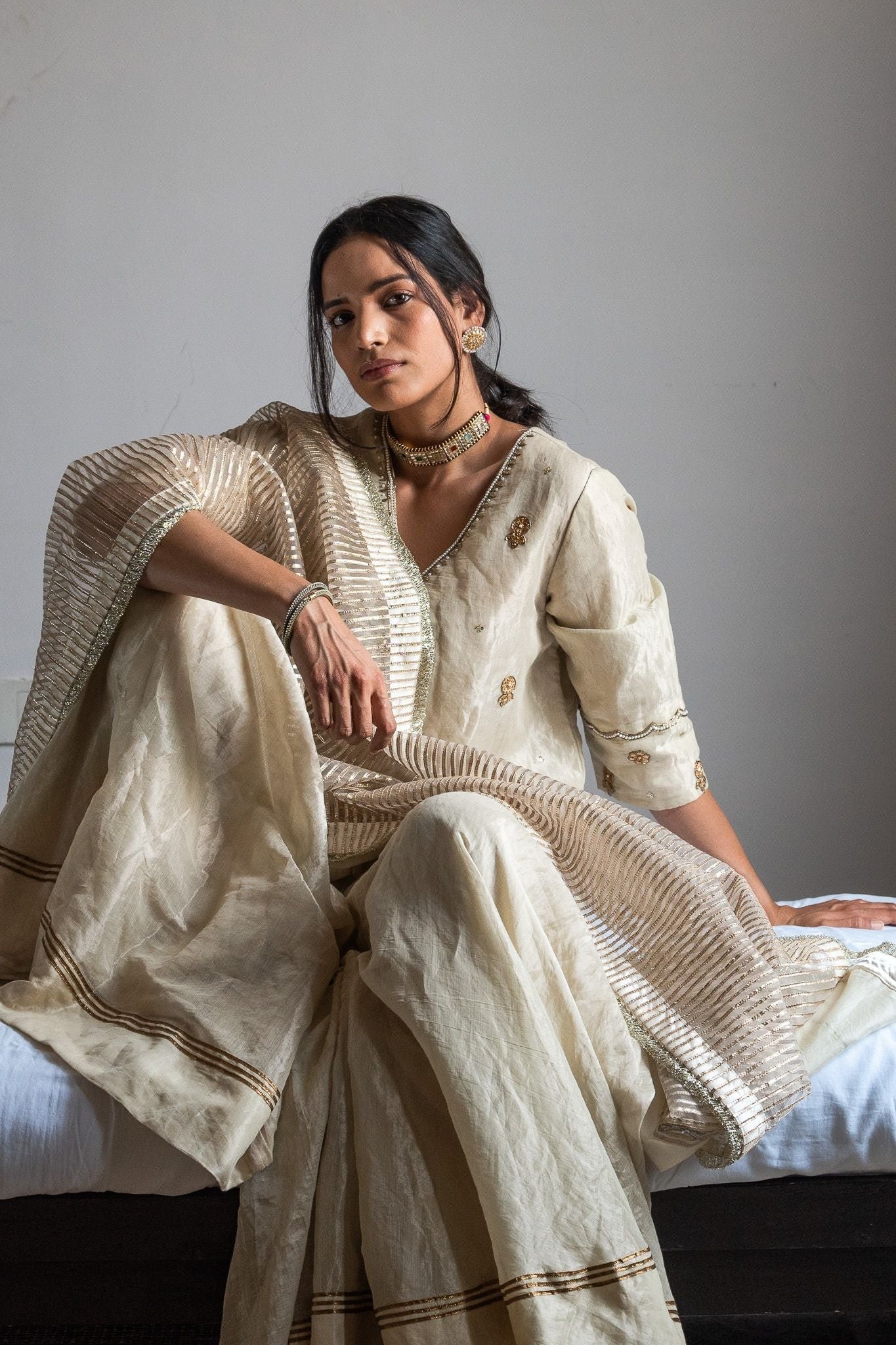 Mini V kurta in Ivory Handloom Tissue with garara