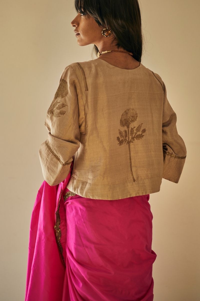 Reshma Blouse In Printed Warm Chai Beige Mulberry Silk