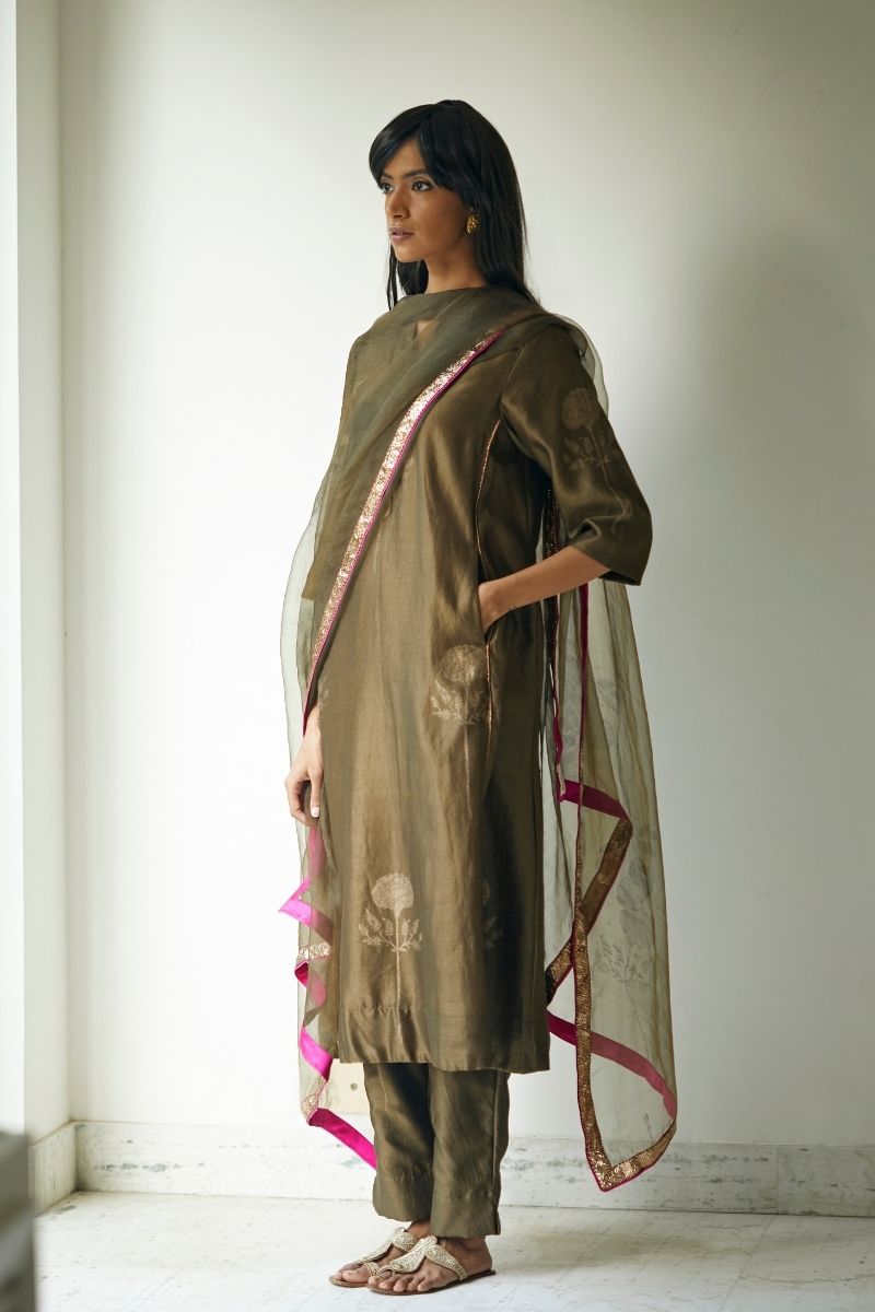Maxi Kurta In Moss Printed Chanderi With Pants