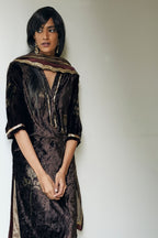 Paras Kurta In Printed Bark Brown Velvet With Shalwar