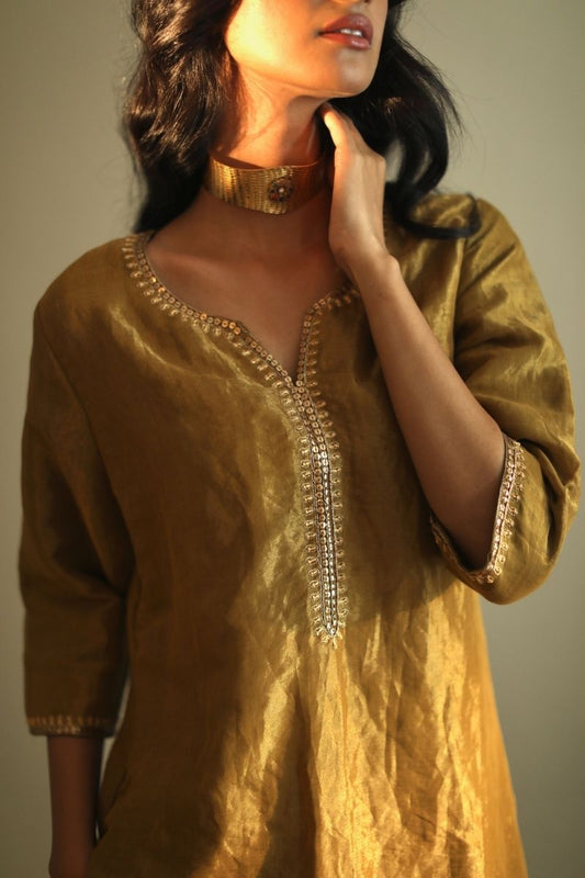 Saifi Kurta In Antique Gold Handloom Tissue With Pant