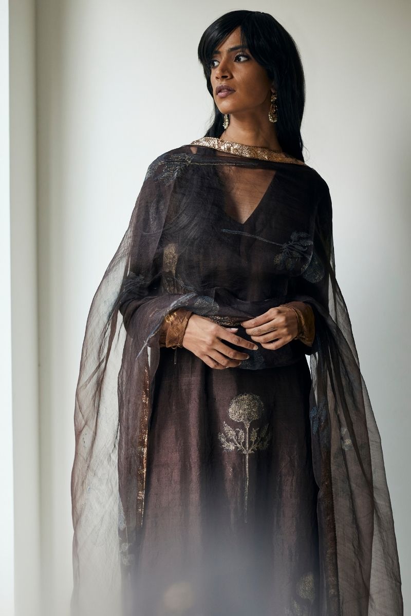 Full Size Dupatta In Bark Brown Printed Organza